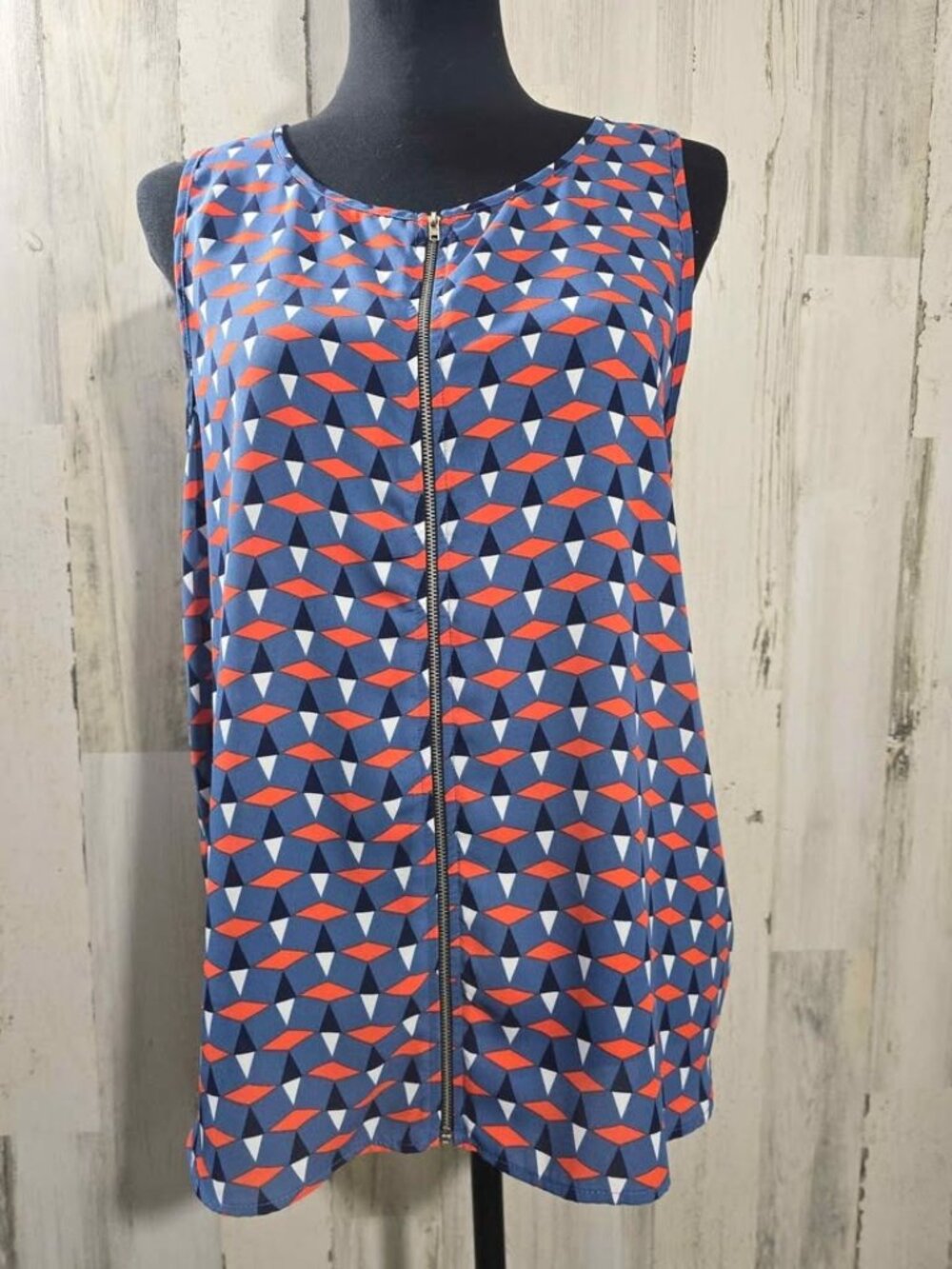 Papermoon Women's Sleeveless V-Neck Tank Top Size L Zip Up Geometric Blue Orange